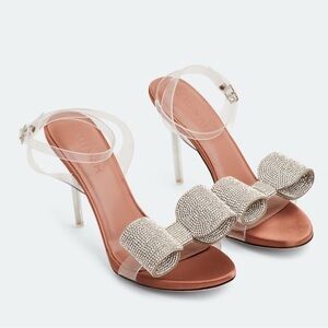 Glamorous Silver Tan Heels with Sparkling Bow